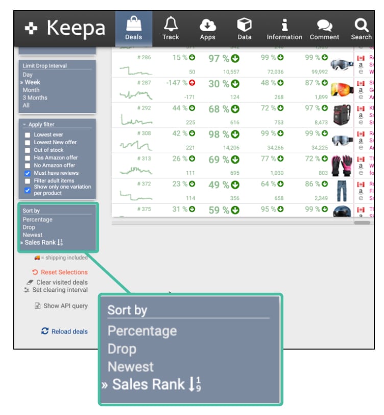 Keepa sort by sales rank