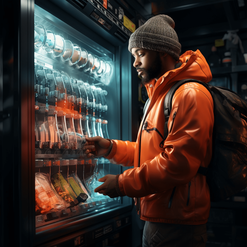 An image of a person restocking a vending machine, representing how to start a vending machine business An image of a person restocking a vending machine, representing how to start a vending machine business