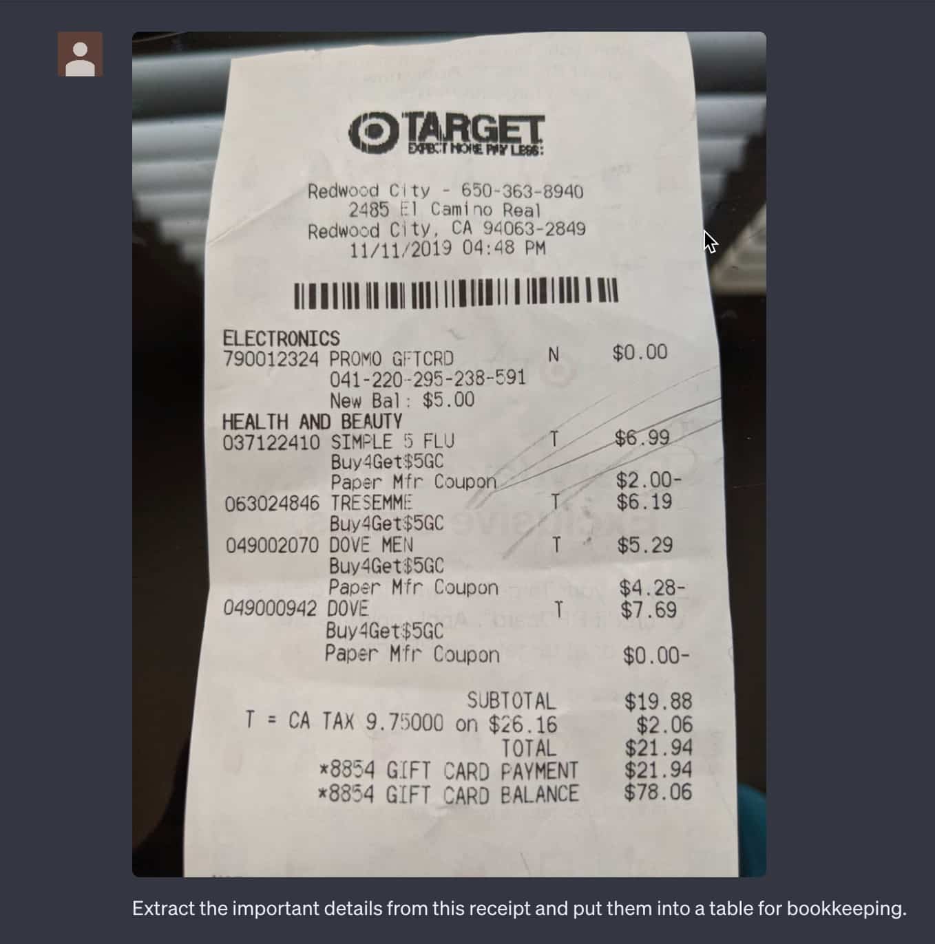 Target Receipt ChatGPT