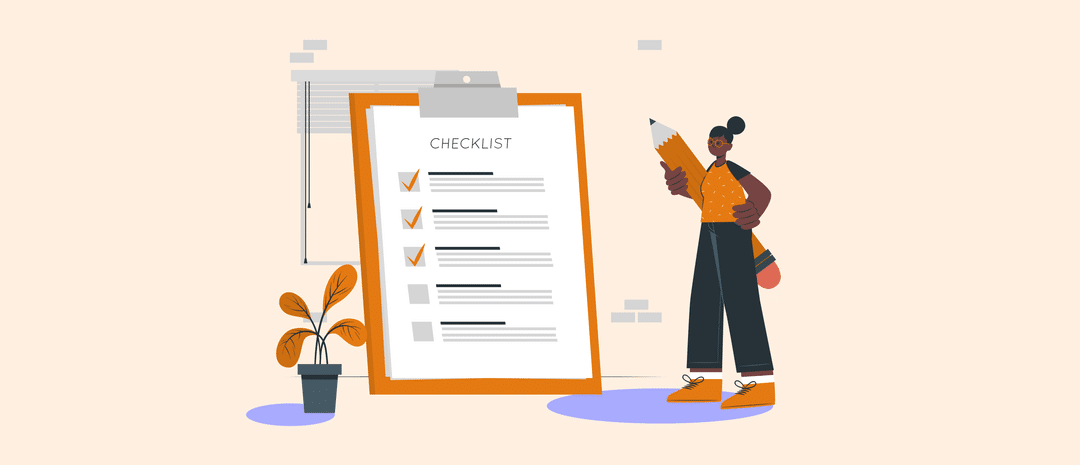 Illustration of a checklist with a person holding a large pencil, symbolizing an audit or review process.