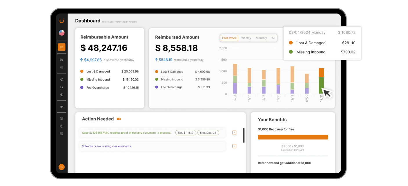 Refully dashboard displaying reimbursable and reimbursed amounts for Amazon sellers, including categories like lost and damaged, missing inbound, and fee overcharges.