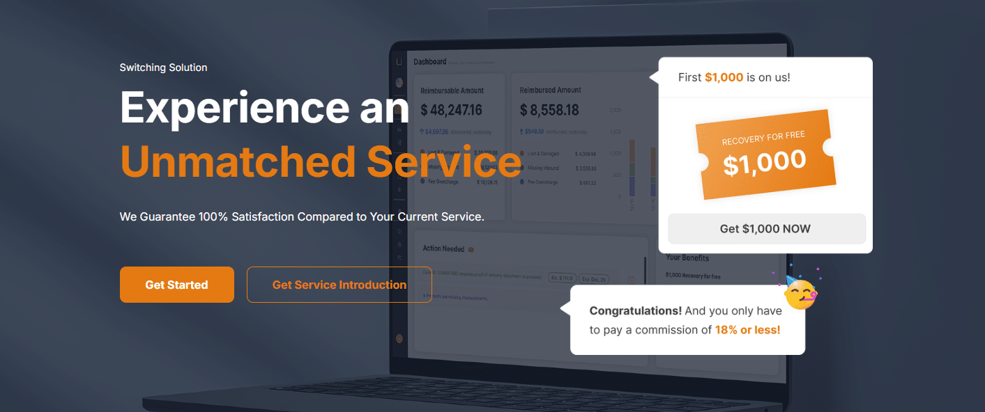 Refully service promotion offering a $1,000 recovery for free with 18% commission on successful reimbursements.