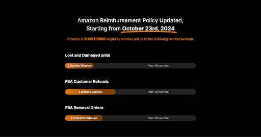 Amazon reimbursement policy update showing shortened claim windows starting from October 23, 2024.