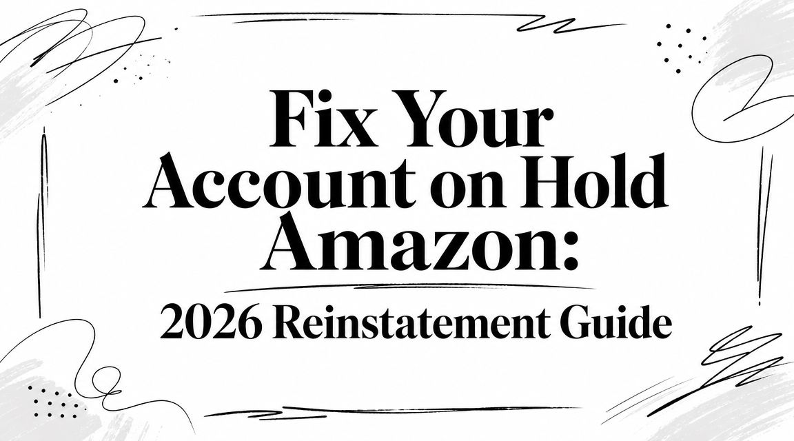Graphic header reading: 'Fix Your Account on Hold Amazon: 2026 Reinstatement Guide' with abstract doodles around the edges, conveys a guide article.