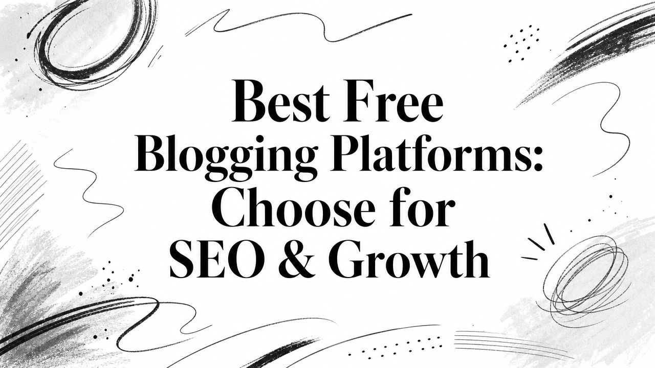 Graphic title: "Best Free Blogging Platforms: Choose for SEO & Growth" with abstract black-and-white doodles in the background, on a white canvas.