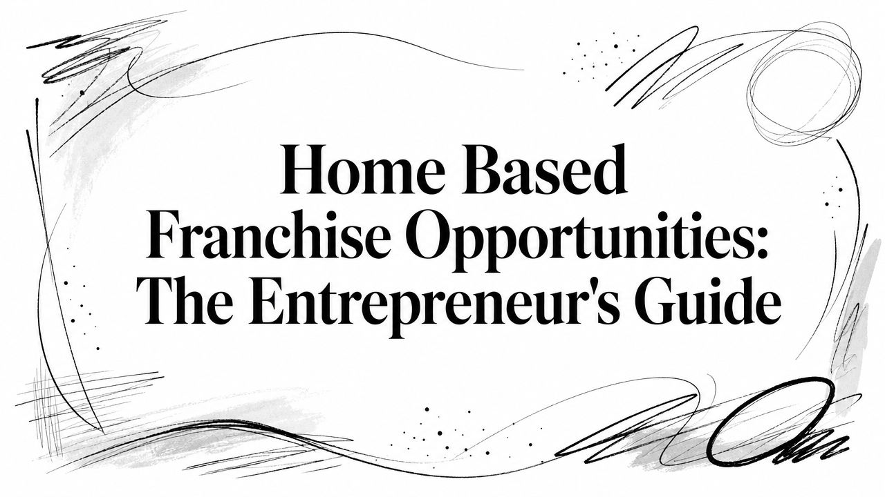 Title card: 'Home Based Franchise Opportunities: The Entrepreneur's Guide' framed by abstract black brush strokes around the edges