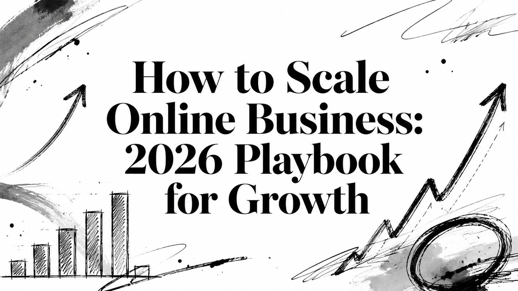 Bold title: 'How to Scale Online Business: 2026 Playbook for Growth,' surrounded by hand-drawn arrows and chart doodles (informational hero image).