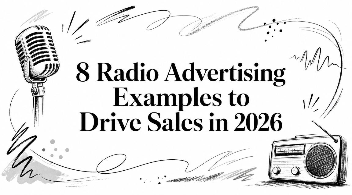 Decorative header showing a microphone and retro radio around the title '8 Radio Advertising Examples to Drive Sales in 2026'