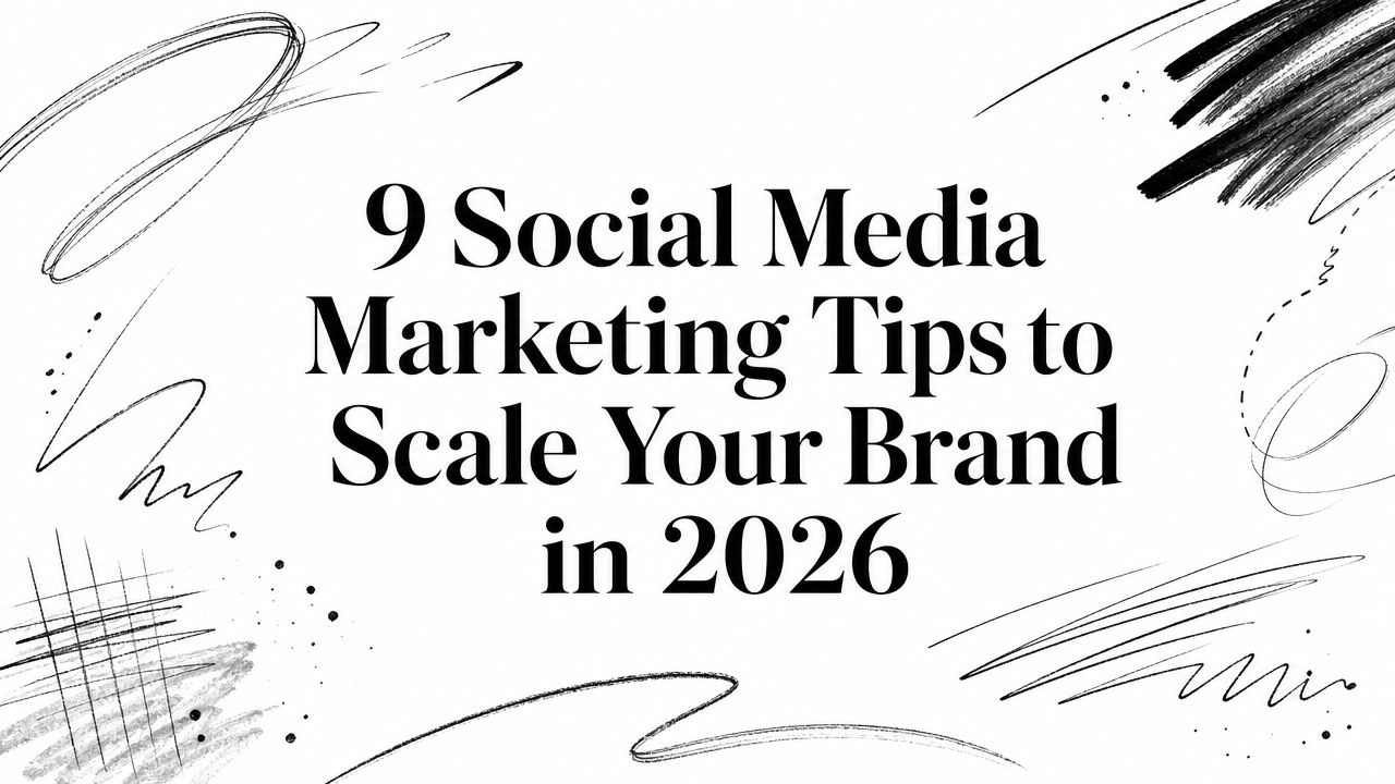 Title card: '9 Social Media Marketing Tips to Scale Your Brand in 2026' with decorative brushstroke background.